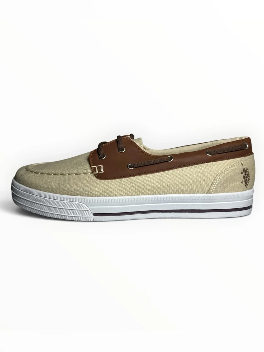 Men’s 12 Casual Boat Shoes Sneakers Cream Canvas Brown Trim NWOT U.S. Polo Assn.